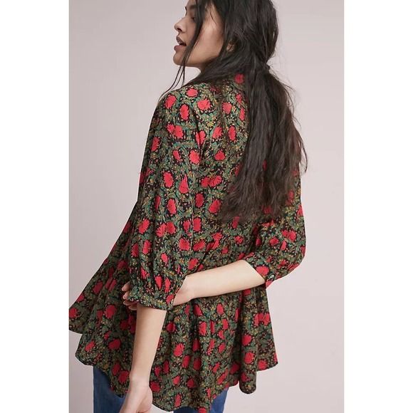 Eri + Ali Anthropologie Floral Tiered Mini Dress/Blouse Red Green Black Small - Picture 2 of 9